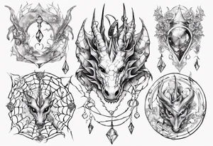 Dragon spiral spiderweb shattered chalices jewels and unicorn horn tattoo idea