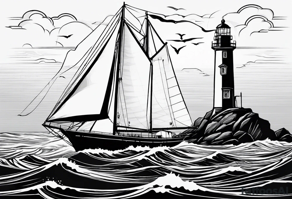 maritime lighthouse in a front view sailboat serving as a mast for a sail. tattoo idea