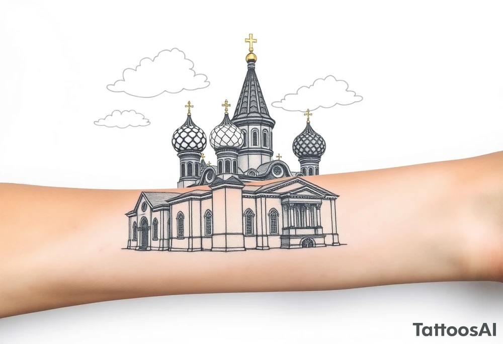highly detailed Russian Orthodox cathedral with onion domes and orthodox crosses, done in fine line, engraving-like style. Cohesive composition, black ink only, no color, high contrast, slightly aged, documentary-style, plain light background. with clouds above it and a virgin mary over looking tattoo idea
