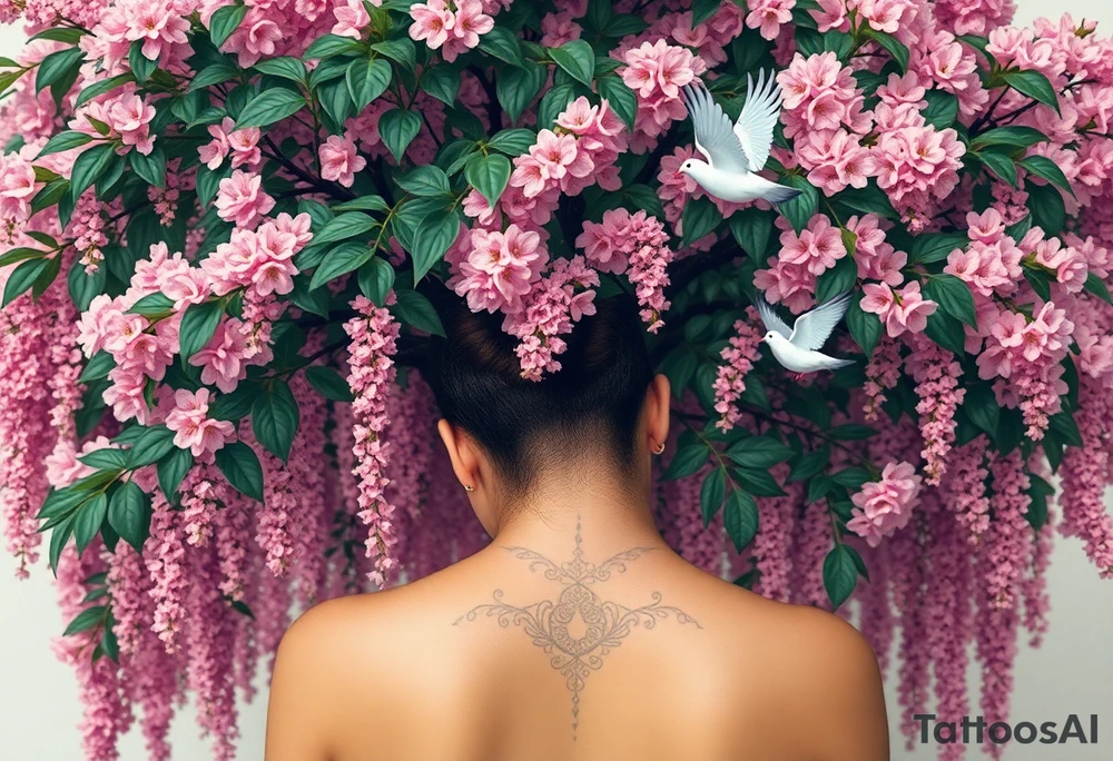 A big pink, weeping tree with huge  lushish leaves and a beautiful trunk. there are 2 doves. 1 is a flying into the sky. The second one is hovering above the ground that’s turning black like she stained with grief. Goth romance 
These are the dates I want dainty in the heavily overflow of weeping cherry blossom branches and leaves March 31, 2024 – July 2, 2024 tattoo idea