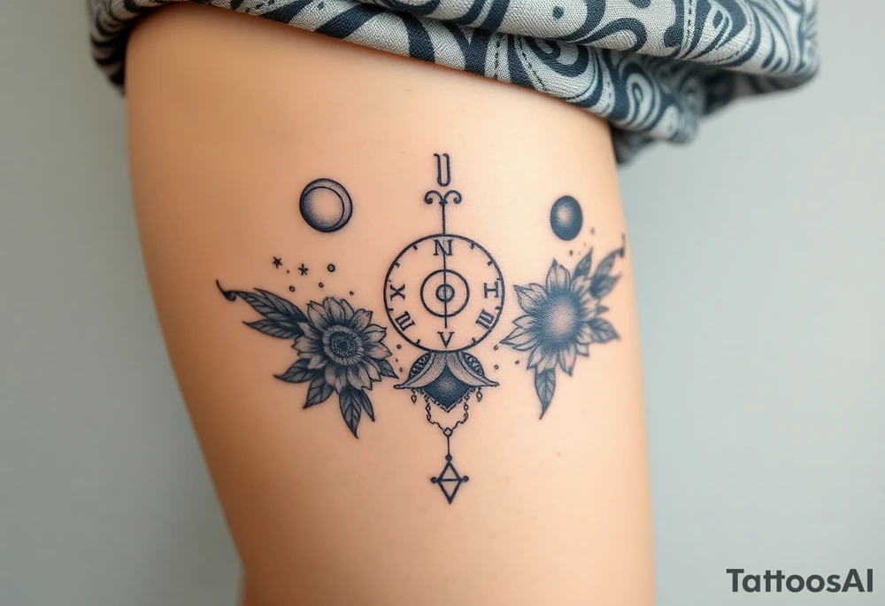 Milky way galaxy with planets with zodiac symbols and protection runes in it with tigerlillies roses and sunflowers tattoo idea