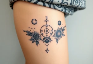 Milky way galaxy with planets with zodiac symbols and protection runes in it with tigerlillies roses and sunflowers tattoo idea