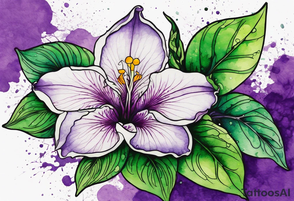 A mystical outline of a dipladenia flower and a green/purple watercolor splatter in the background to make the flower mainly green with purple highlights tattoo idea