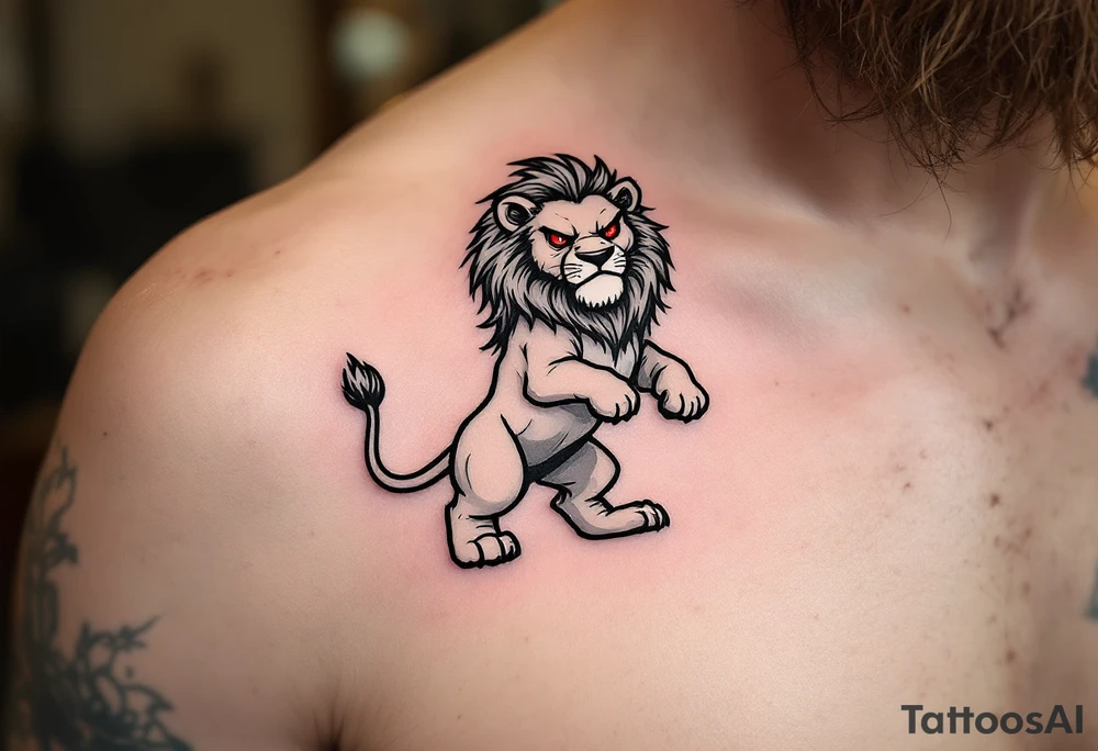 A black and white Czech lion standing on its hind legs, with red eyes, giving it an intense and fierce appearance, symbolizing resilience and determination. tattoo idea