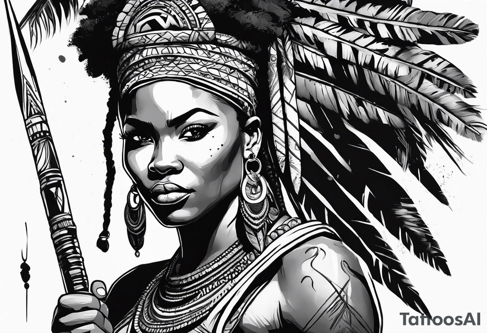 African woman warrior holding spear in action with earrings. Tribe marks on her face and tree Branch brids and lion in the background tattoo idea