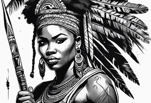 African woman warrior holding spear in action with earrings. Tribe marks on her face and tree Branch brids and lion in the background tattoo idea