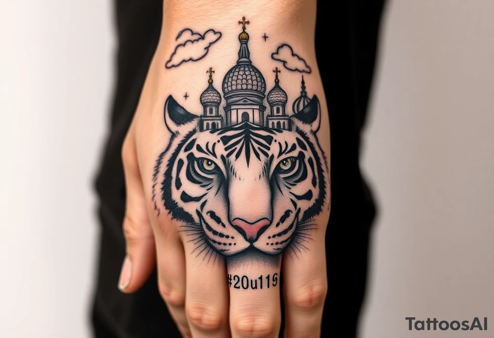 Realistic tiger face on the back of the hand with strong contrast and fine detail with hollow black eyes. with a highly detailed Russian Orthodox cathedral sitting above on fore arm with onion domes and orthodox crosses, done in fine line, engraving-like style. Cohesive composition, black ink only, no color, high contrast, slightly aged, documentary-style, plain light background. with clouds above and a virgin mary tattoo idea