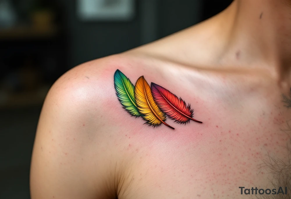 Three delicate parrot feathers, curved upward in gradient shades of lime green, yellow, and coral pink, full of life and movement. tattoo idea
