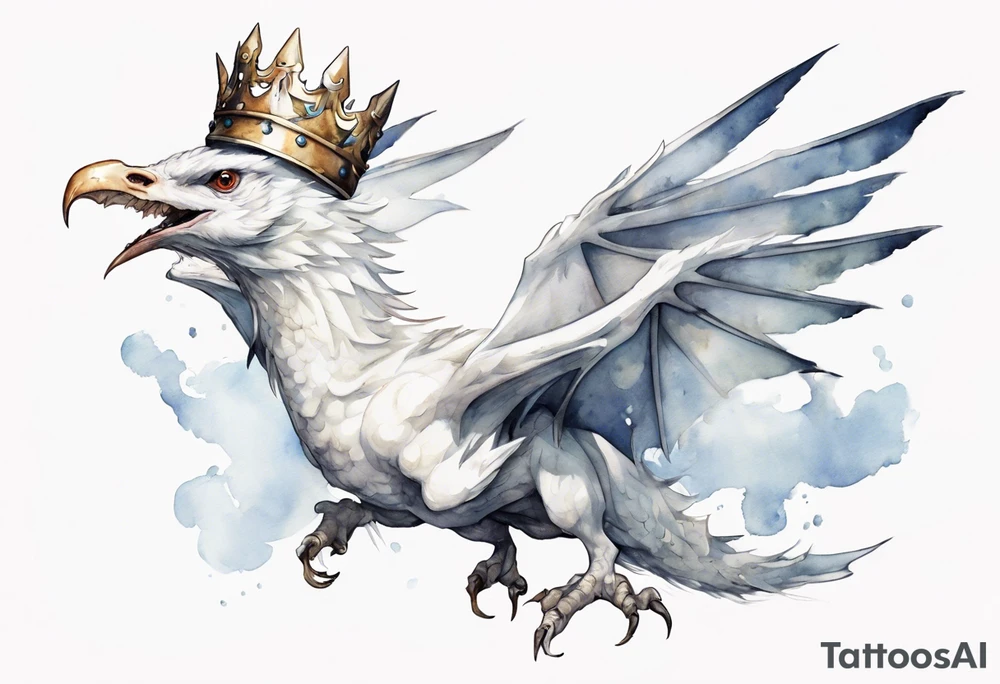 a white bird-wyvern hybrid, wearing a pewter crown on its head, flying in the air tattoo idea