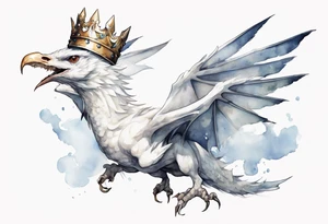 a white bird-wyvern hybrid, wearing a pewter crown on its head, flying in the air tattoo idea