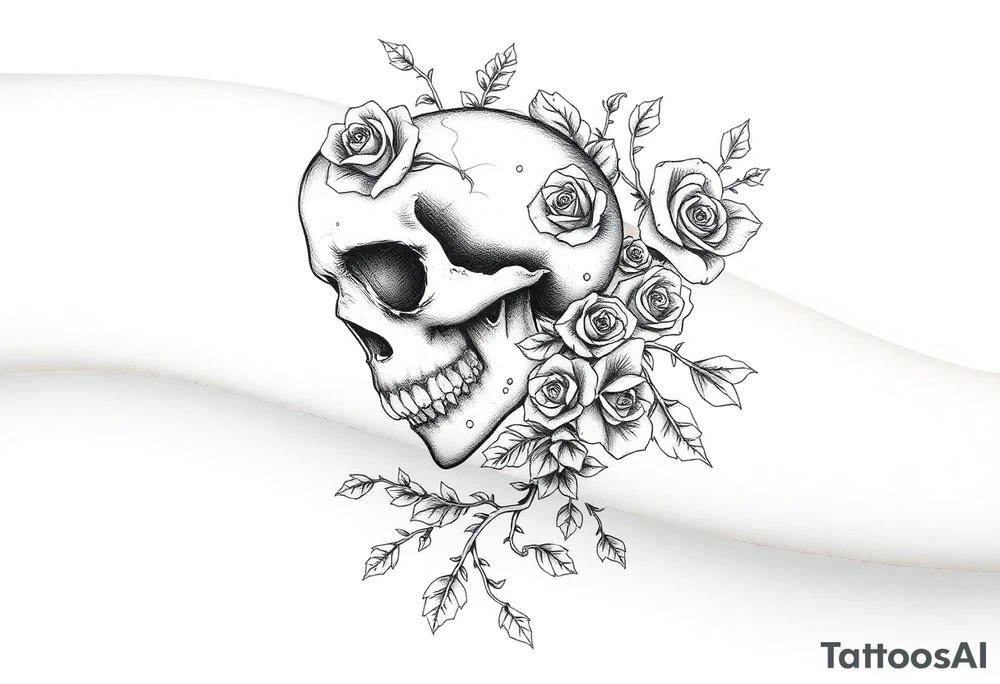 gothic skull intertwined with climbing roses and thorny vines tattoo idea