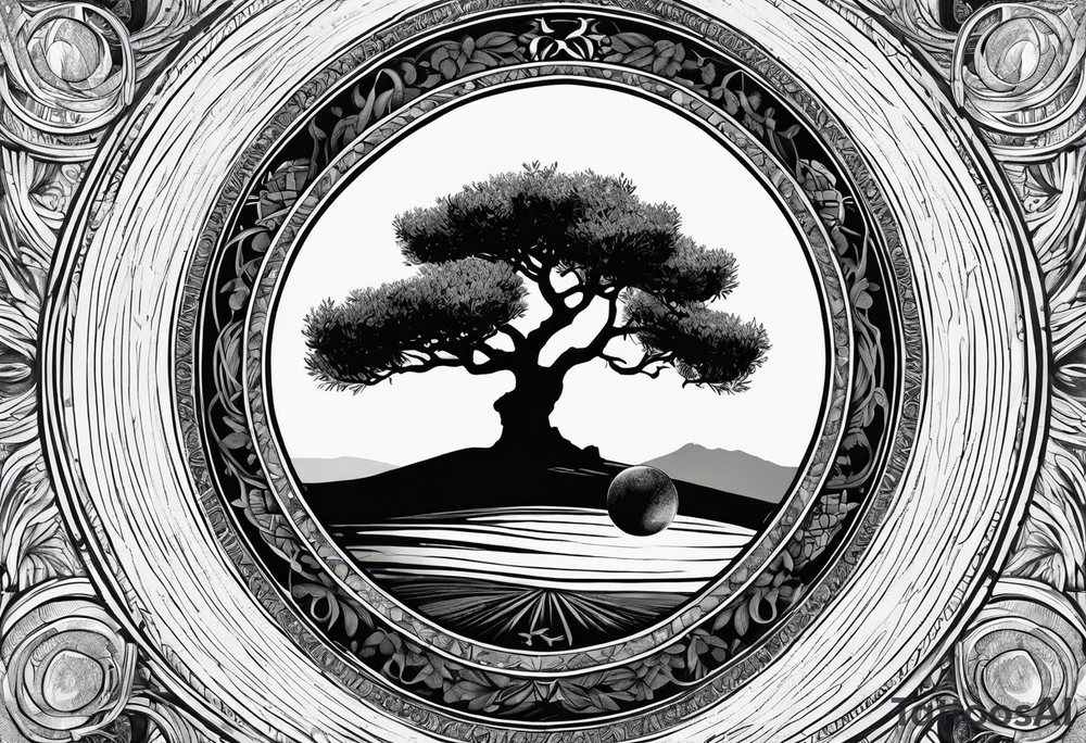 An olive tree sorrounded by a circle with saturn and the babel tower in the background tattoo idea