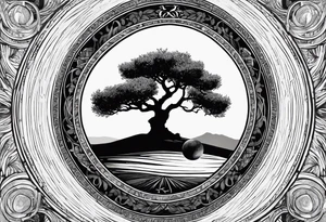 An olive tree sorrounded by a circle with saturn and the babel tower in the background tattoo idea
