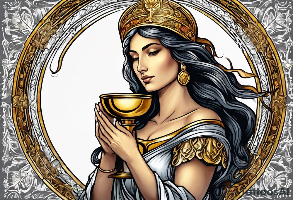 holy saint woman turned away with golden halo holding a chalice tattoo idea