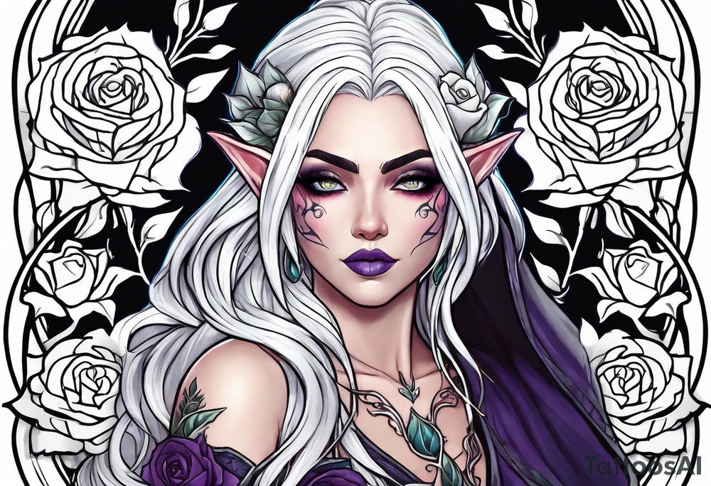 night elf full body with white hair and roses tattoo idea
