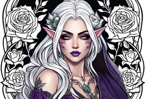 night elf full body with white hair and roses tattoo idea