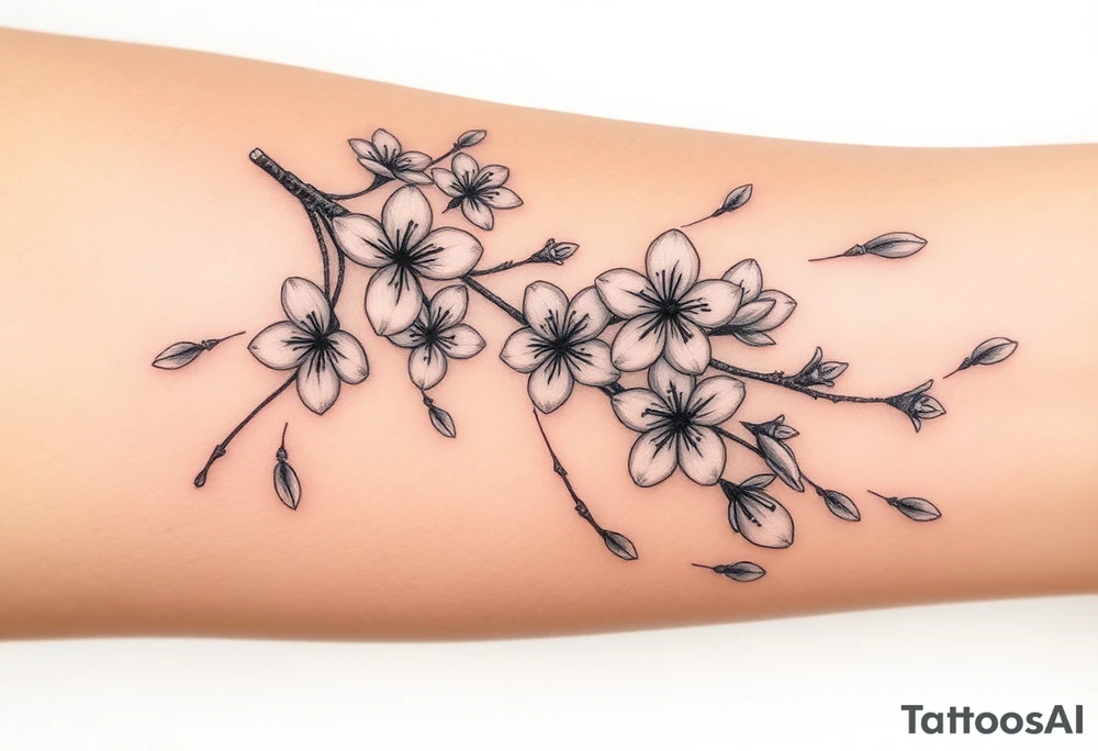 delicate cherry blossoms swirling in spring breeze with petals tattoo idea