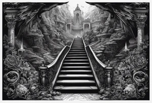 walking through the shadow valley of death with a stair case in the middle and angel at the top of the stairs and lots of demons  surrounding the staircase tattoo idea