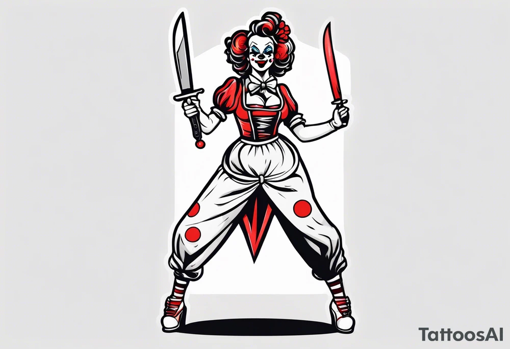 full body female pin up clown holding knife tattoo idea