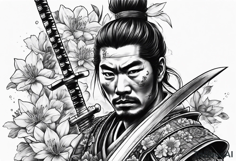 Samurai holding a sword along with flowers within a roman theme tattoo idea