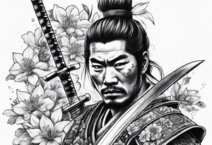 Samurai holding a sword along with flowers within a roman theme tattoo idea