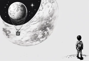 Child standing on the moon with his back to you. Holding a balloon on 1 site and holding air the other side tattoo idea