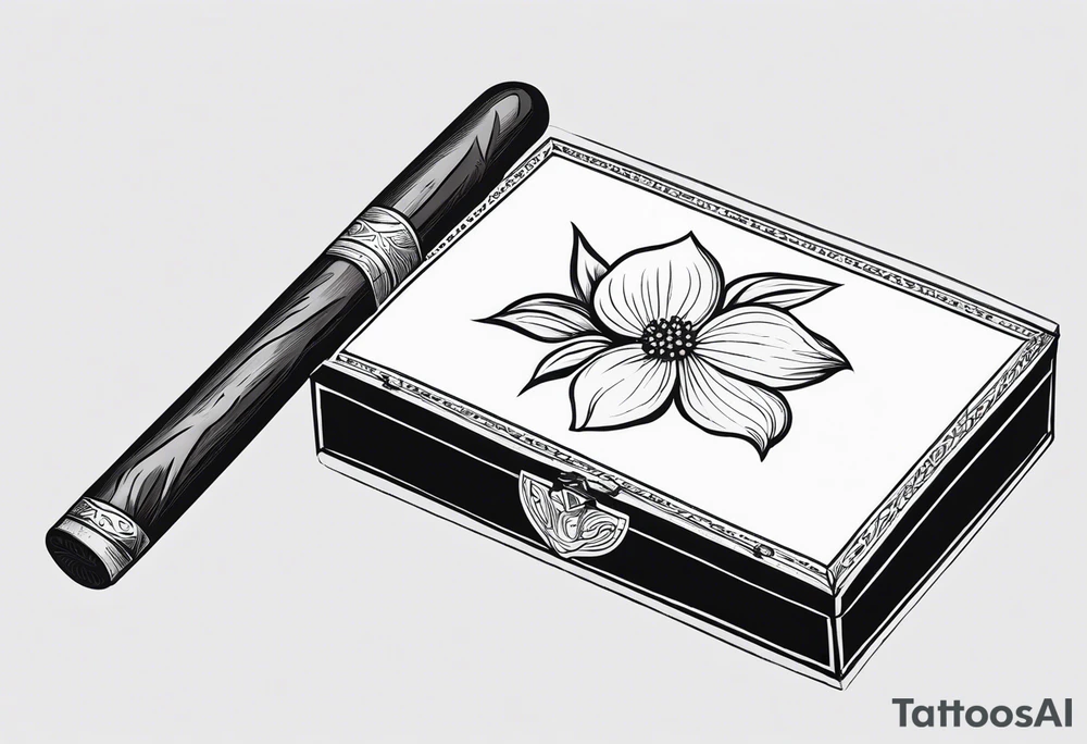 A simple vintage cigar box with a dogwood flower next to it as well as a lit cigar tattoo idea
