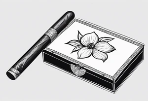 A simple vintage cigar box with a dogwood flower next to it as well as a lit cigar tattoo idea