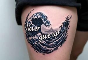 "Never give up" flowing through the waves of a black and navy blue ocean scene. tattoo idea