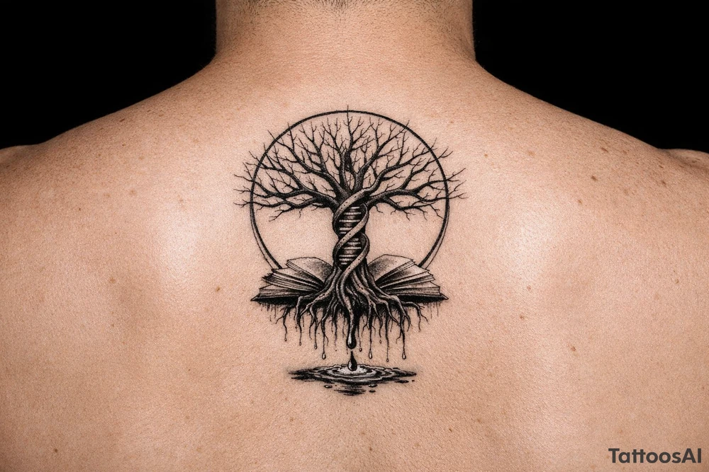 tree of life with a dna spiral for the trunk, bare branches spreading out at different lengths in a geometric circle, and roots sprouting through open books, with water dripping from the roots into a puddle tattoo idea