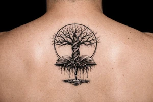 tree of life with a dna spiral for the trunk, bare branches spreading out at different lengths in a geometric circle, and roots sprouting through open books, with water dripping from the roots into a puddle tattoo idea