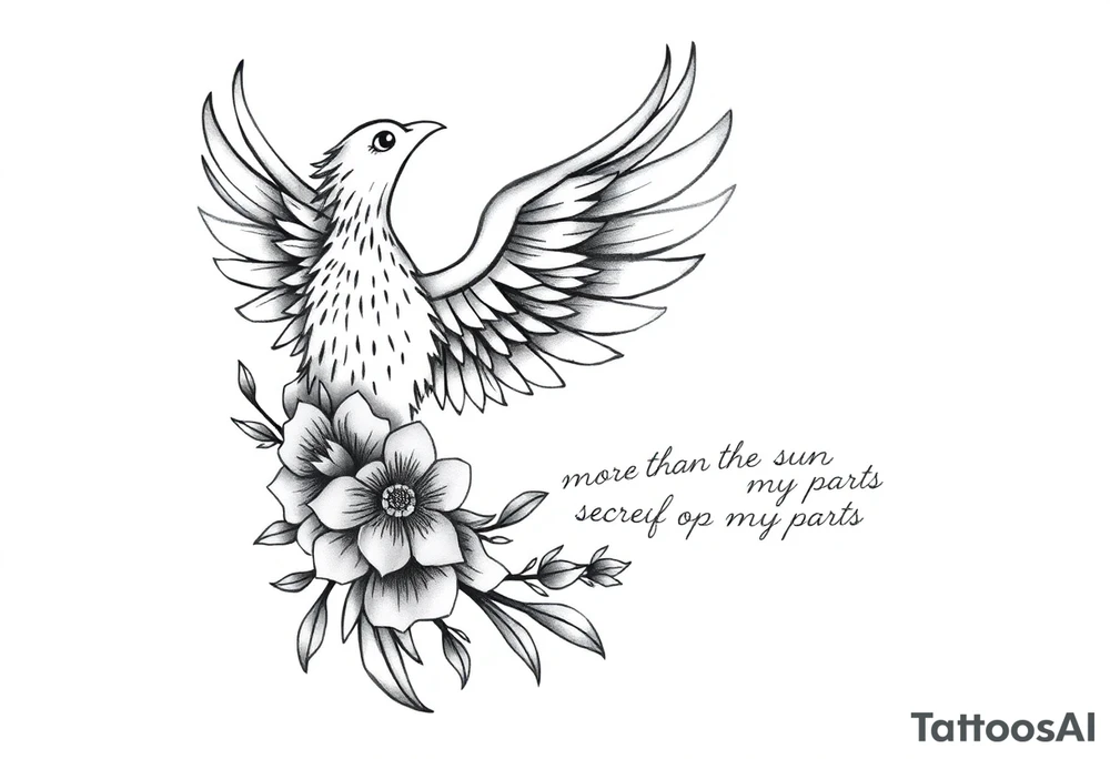 Create an elegant tattoo design featuring a phoenix rising, symbolizing strength and renewal. Integrate an infinity symbol within the phoenix’s form to represent eternal love. Incorporate a quill to signify wisdom, and include Australian native flowers, such as banksias or waratahs, with two buds symbolizing the names Oliver and Archer. Add the phrase ‘More than the sum of my parts’ in delicate script, following the curve of the design tattoo idea