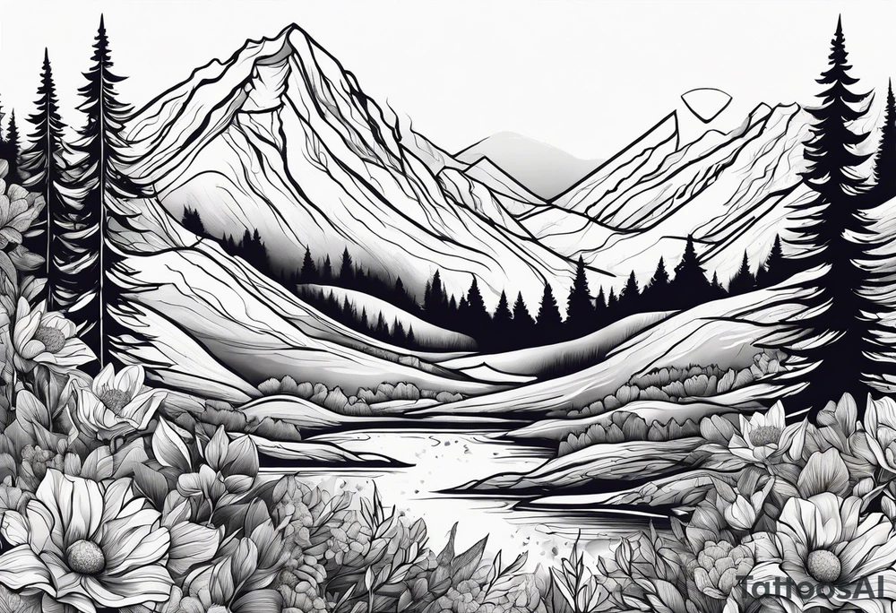 Mountains and trees with wildflowers tattoo idea