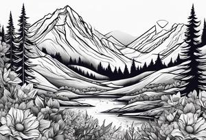 Mountains and trees with wildflowers tattoo idea
