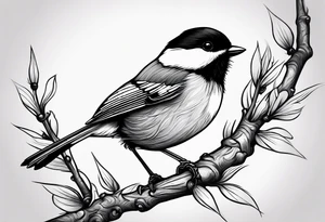 Illustrate a tattoo of a chickadee perched on a twig, focusing on clean lines and minimal detail for an understated design tattoo idea