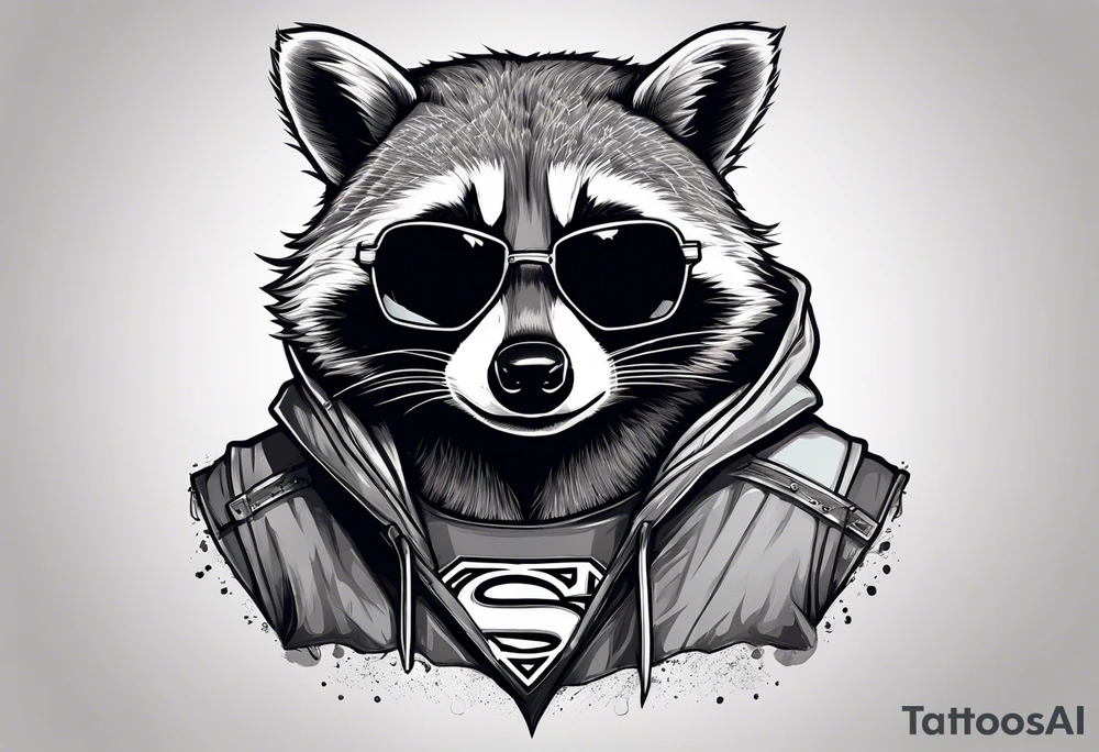 raccoon wearing a Superman hoodie tattoo idea