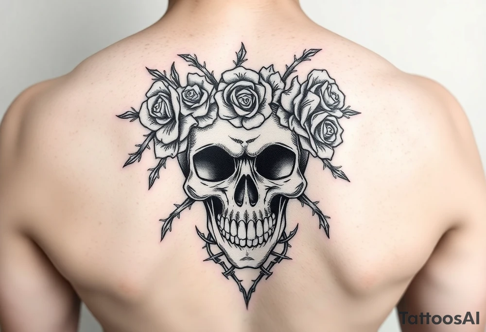 ornate skull adorned with crown of wild roses and thorns tattoo idea