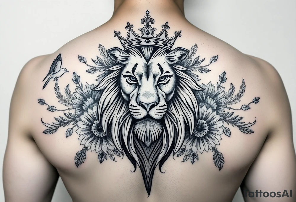 powerful majestic lion with a crown, surrounded by floral ornaments and birds tattoo idea