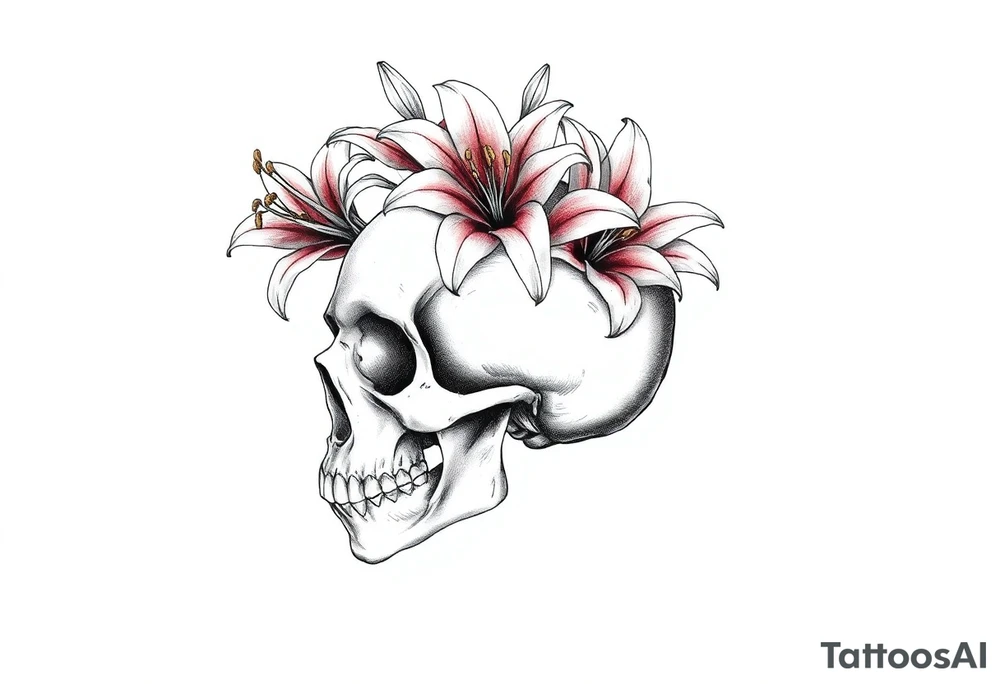 Lillies coming out of back of humanoid skull tattoo idea