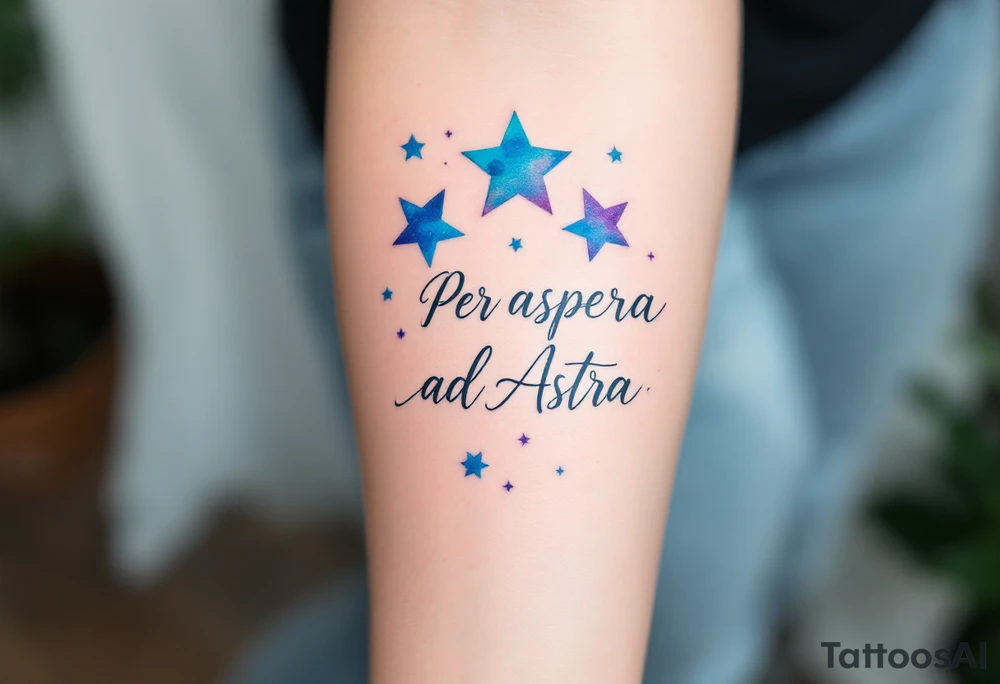 A celestial forearm piece features “Per aspera ad Astra” in silver cursive beneath blue-and-purple watercolor stars. tattoo idea