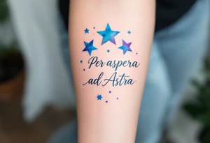 A celestial forearm piece features “Per aspera ad Astra” in silver cursive beneath blue-and-purple watercolor stars. tattoo idea