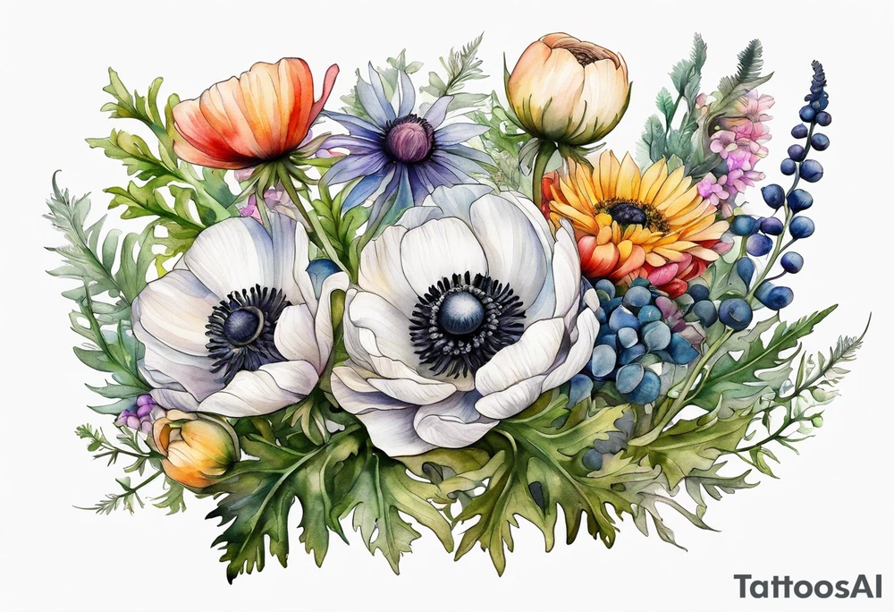 white anemone with black center in the middle of wildflowers with thistles, ferns, ranuculus, sun flowers, mixed color flowers and different shapes all in watercolor tattoo idea