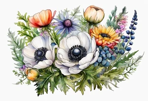 white anemone with black center in the middle of wildflowers with thistles, ferns, ranuculus, sun flowers, mixed color flowers and different shapes all in watercolor tattoo idea