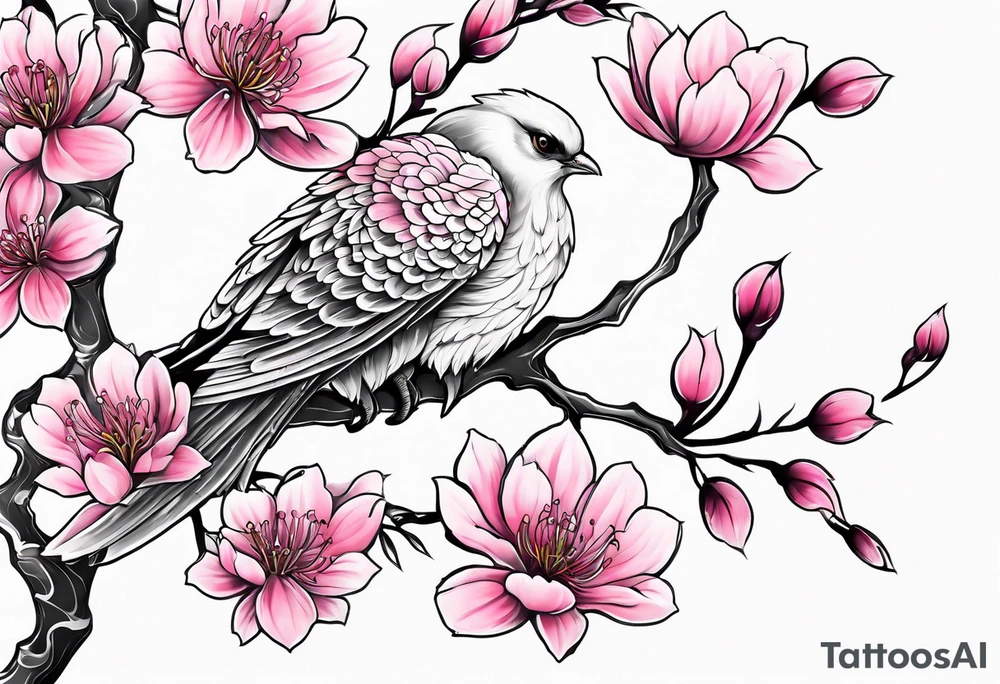 Pink Sakura branch, black and white phoenix tattoo idea