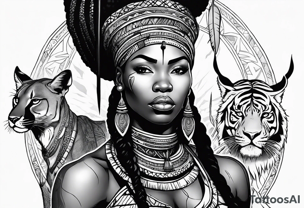 African woman warrior with tribe scars holding a spear with animals in the background tattoo idea