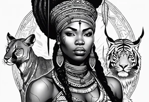 African woman warrior with tribe scars holding a spear with animals in the background tattoo idea