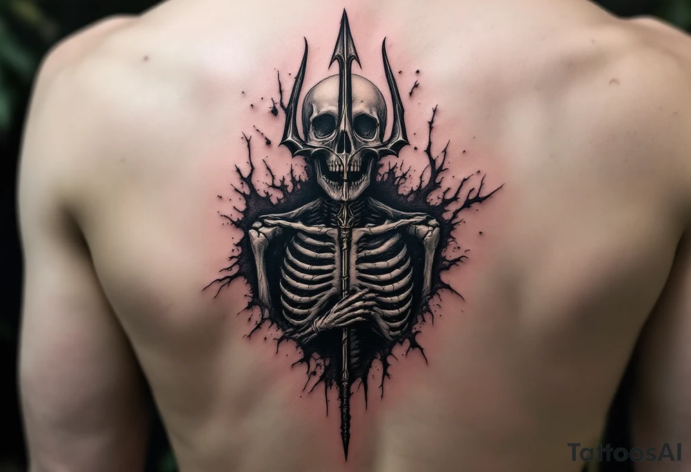 skeleton behind trident coming out of skin effect tattoo idea