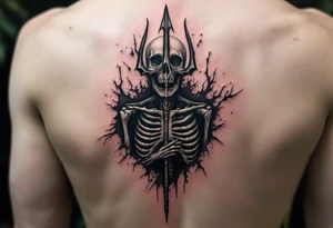 skeleton behind trident coming out of skin effect tattoo idea