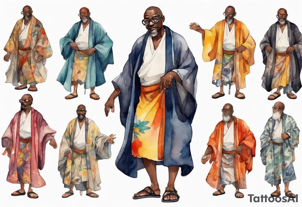 a middle-aged medieval black man wearing round glasses, wearing colorful robe, wearing sandals tattoo idea