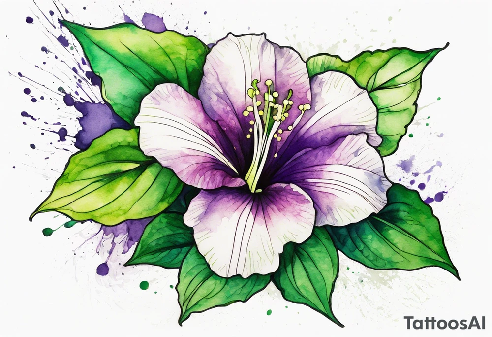 An outline of a green rio dipladenia flower and a green and purple watercolor splash in the background tattoo idea